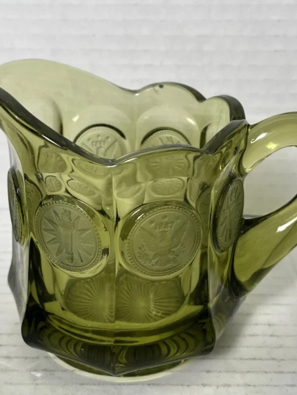 Vintage Fostoria Coin Glass Olive Green Creamer Pitcher